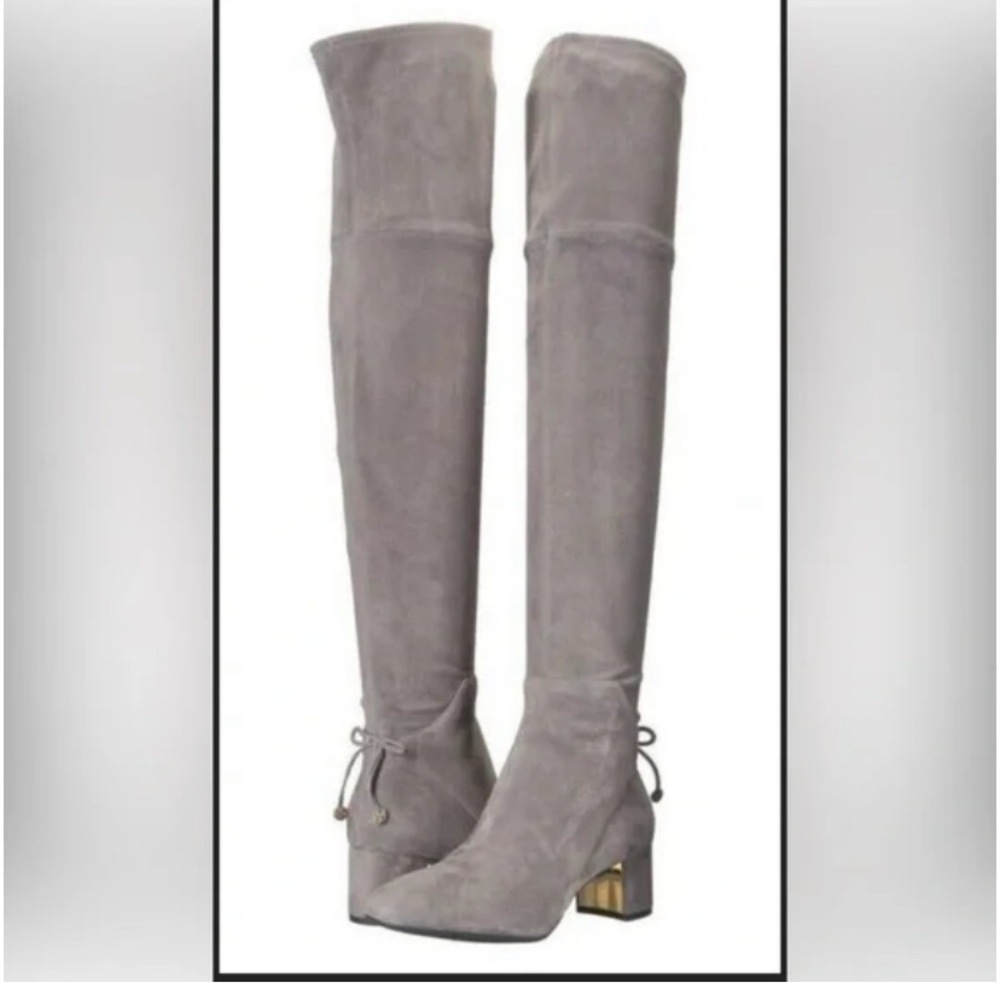 New Tory Burch Suede Laila Over the Knee Heeled Boots Bow  Decal Gray Grey 9.5